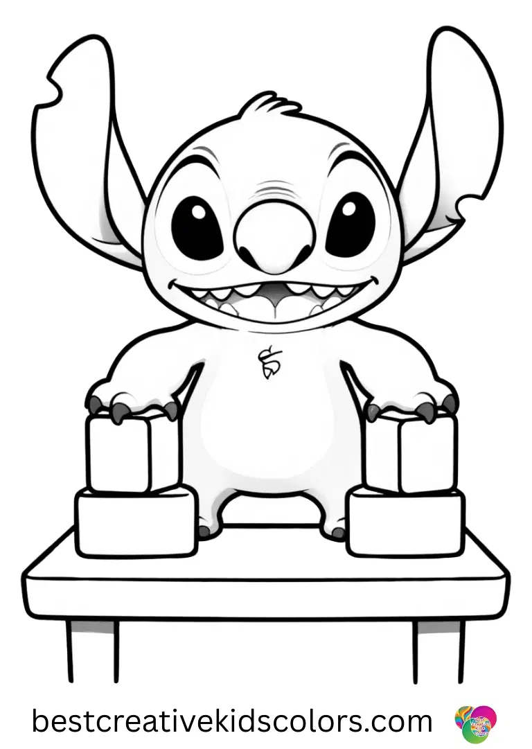 Free printable coloring pages for kids stitch pdf shows Stitch balancing colorful blocks on a sunny table.