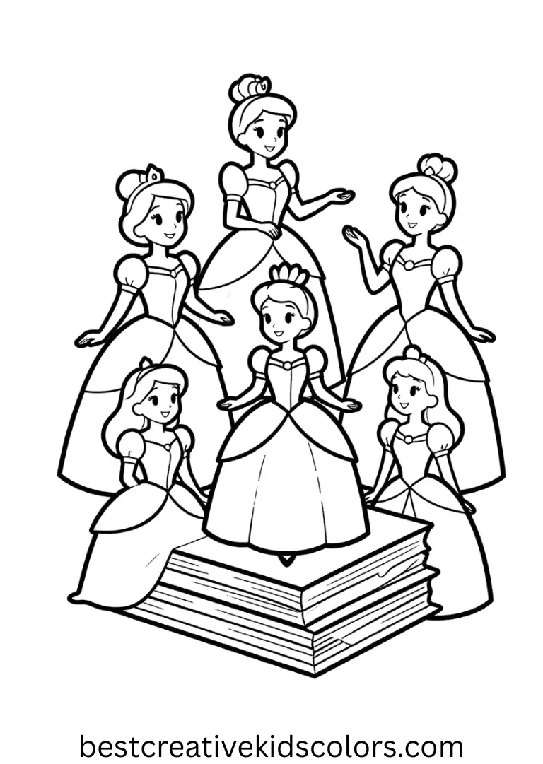 Free printable coloring pages of princesses for adults depicts princesses creating layered paper collages.