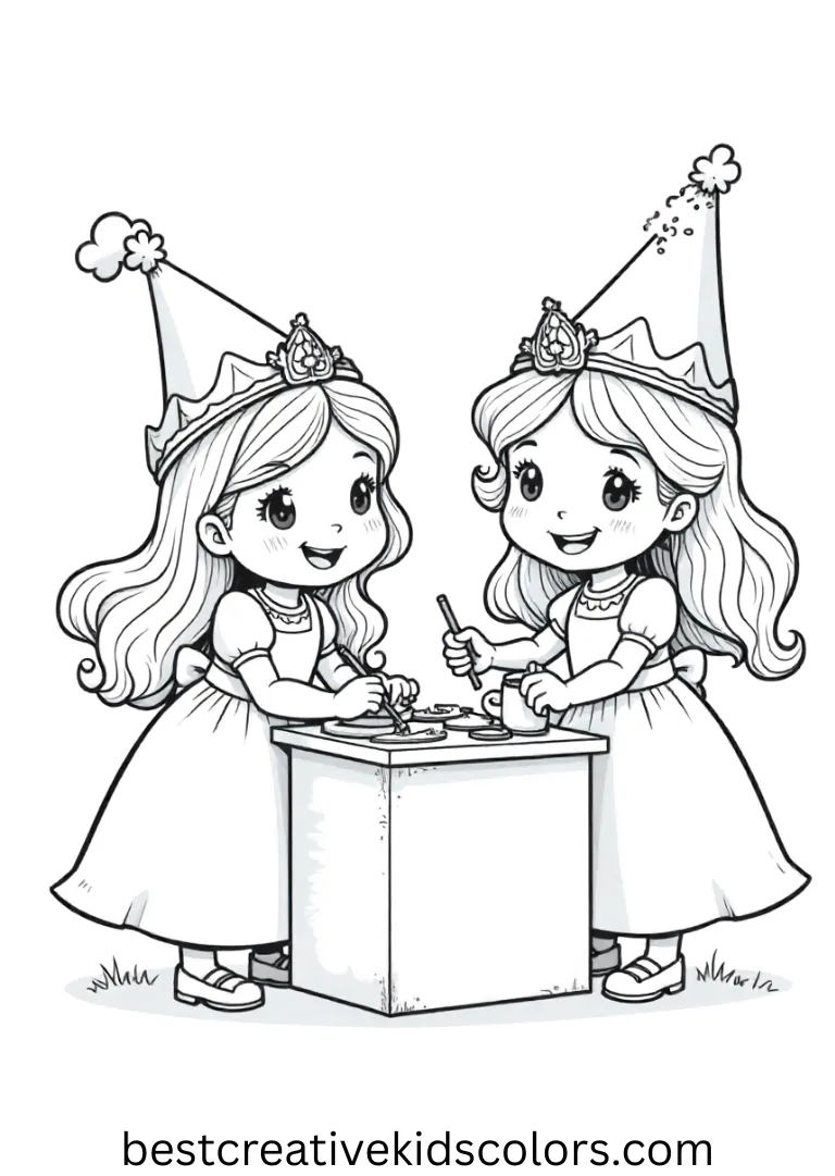 Children use paintbrushes to decorate cardboard hats in Free printable coloring pages of princesses for kids.