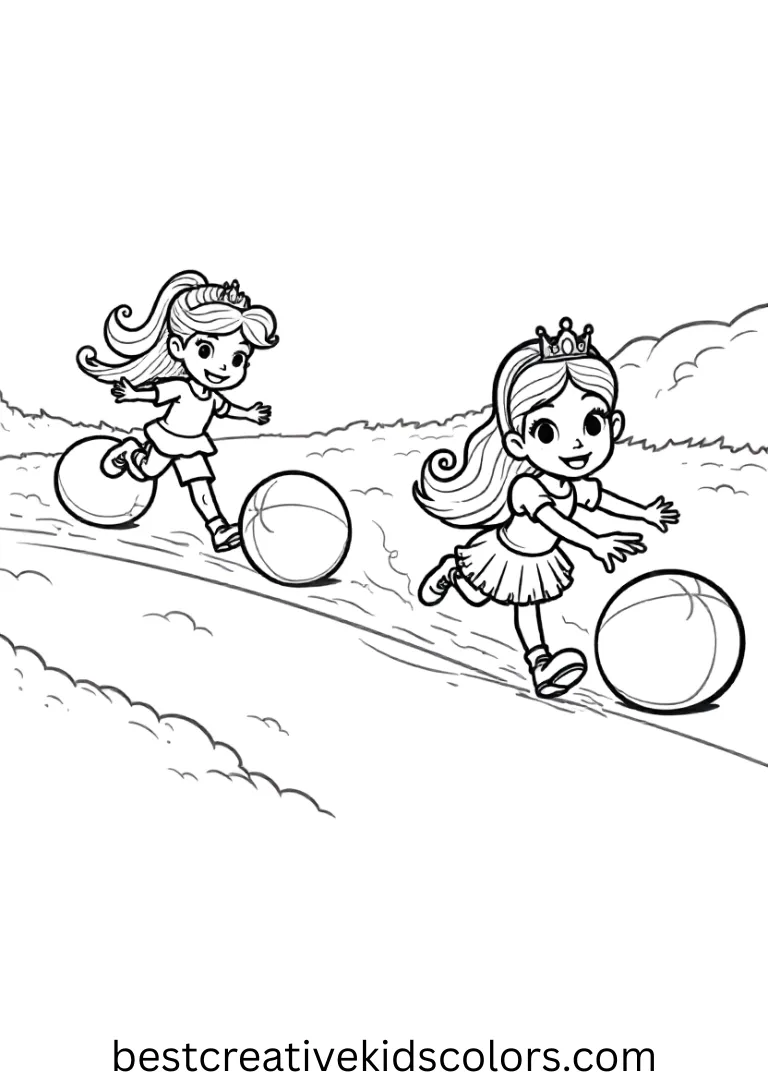 Free printable coloring pages of princesses pdf shows princesses rolling soft balls through an obstacle course.