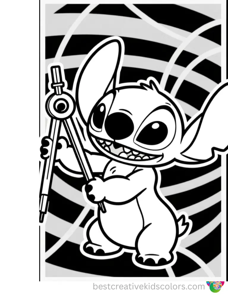 Free printable coloring pages stitch beautifully presents Stitch holding a metal compass.