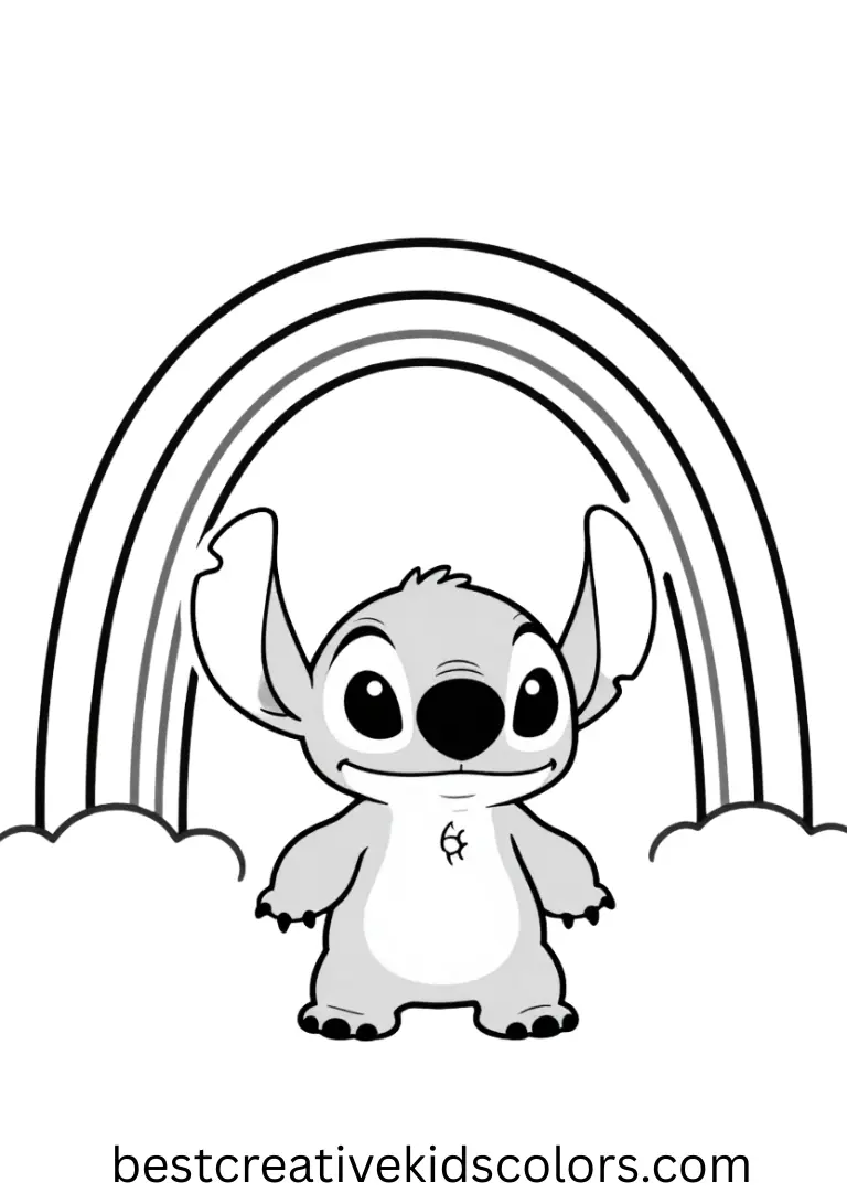 Free printable colouring pages stitch shows Stitch painting a rainbow in the sky.