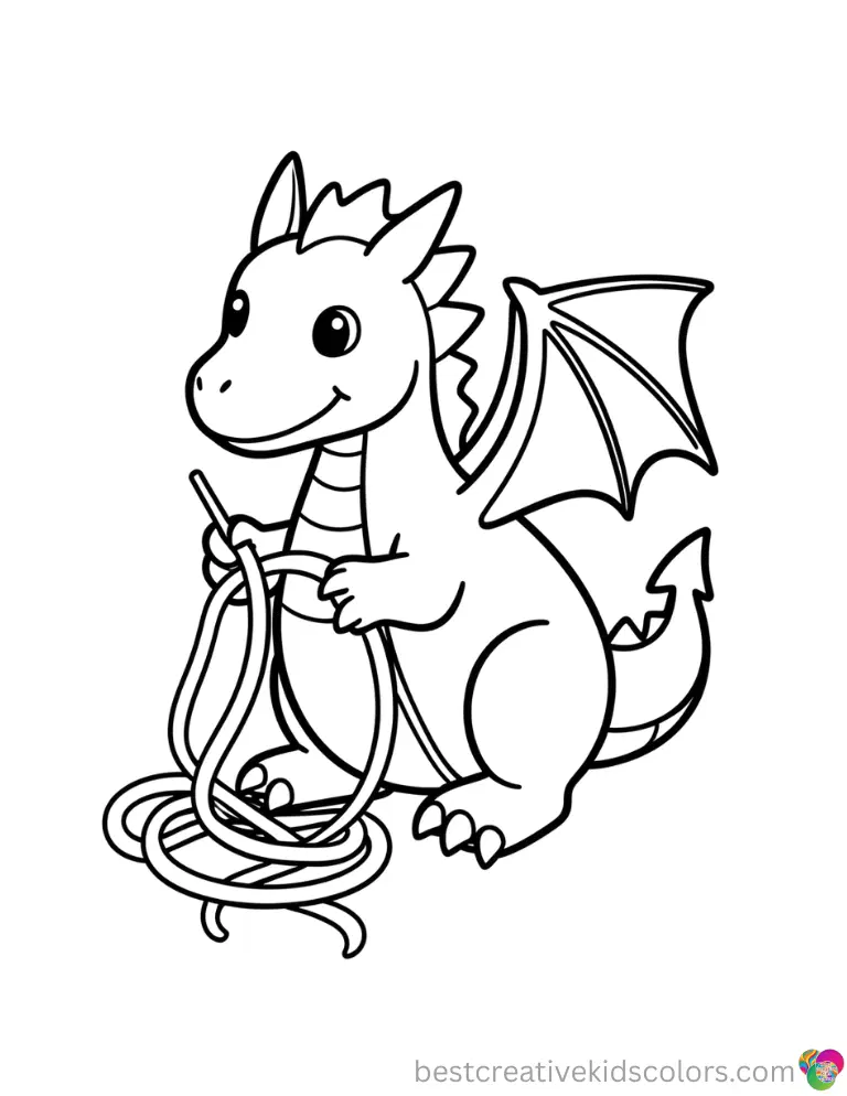 A playful dragon weaves soft felt strips into small loops in Free printable cute dragon coloring pages.