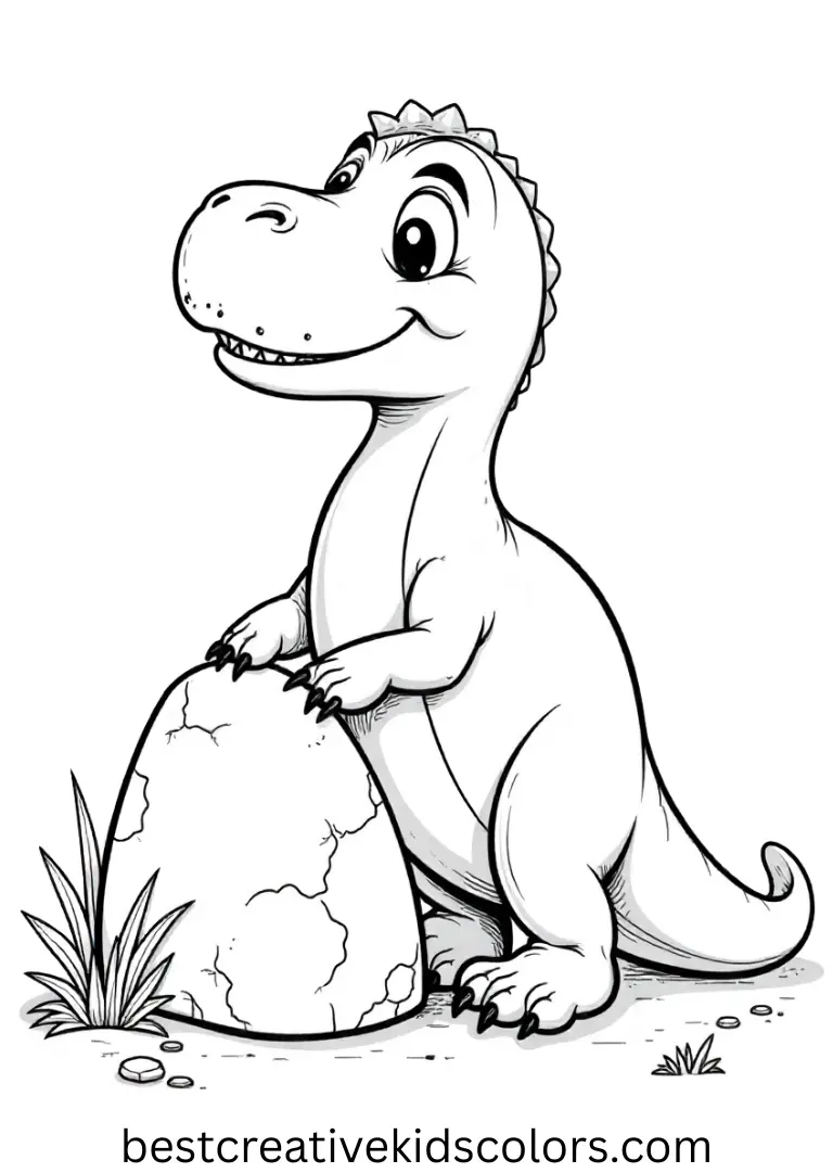 Free printable dinosaur Coloring Pages PDF reveals a dinosaur gently tapping a smooth stone with its claw.