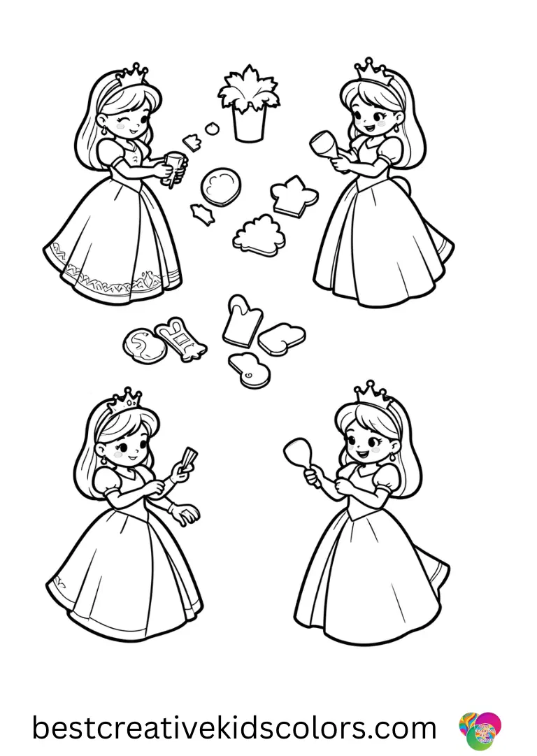Free printable disney princess coloring pages for kids shows princesses assembling simple craft pieces.