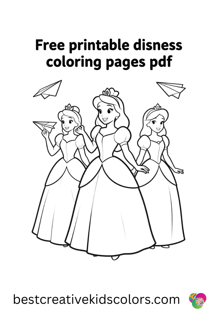 Free printable disney princess coloring pages pdf depicts princesses folding paper airplanes.