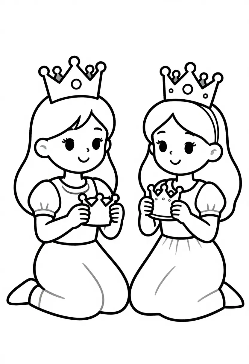Princesses decorate small cardboard crowns with safe stickers in Free printable dress Coloring pages.