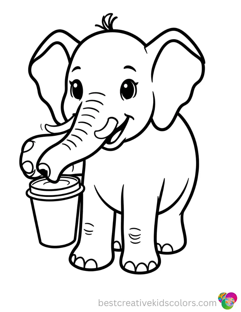 A baby elephant correctly touches a plain paper cup within Free printable february coloring pages.