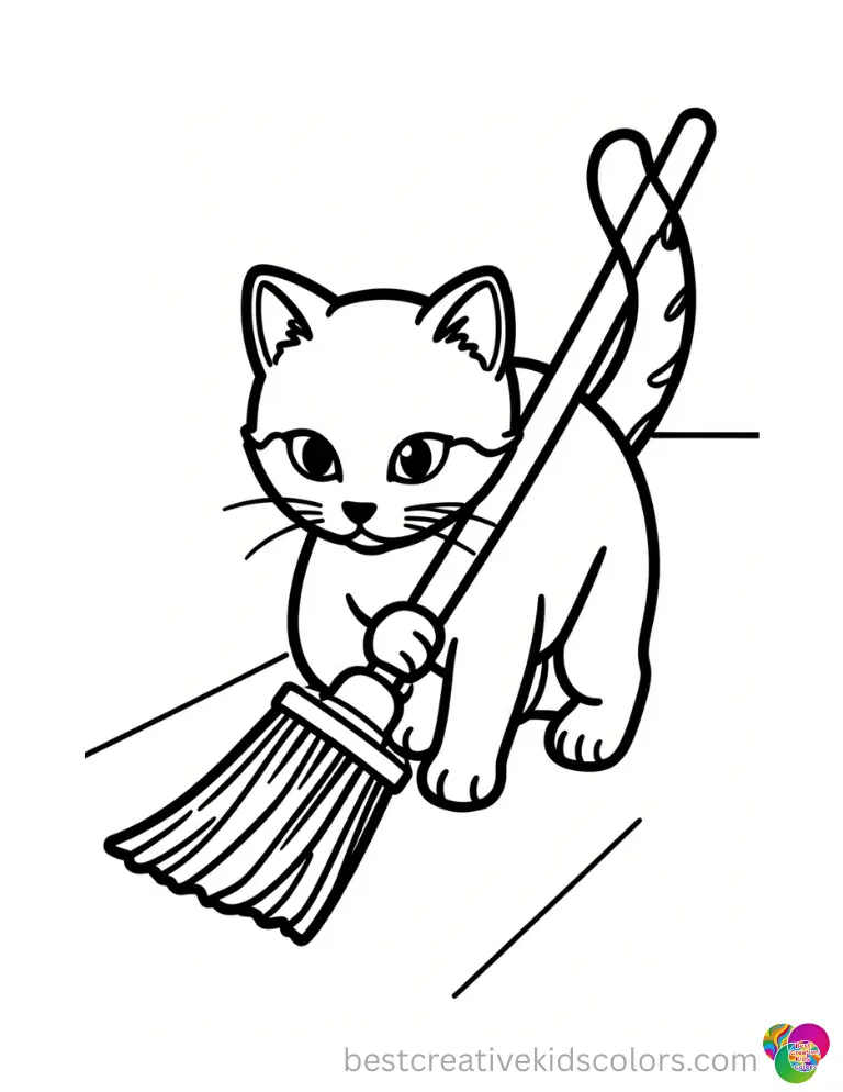 Free printable february coloring sheets safely displays a kitten sweeping a flat floor.