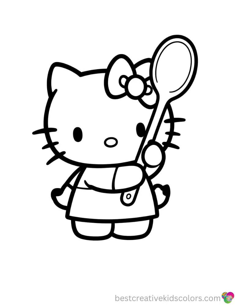 Free printable hello kitty properly displays Hello Kitty touching a thick cooking spoon.