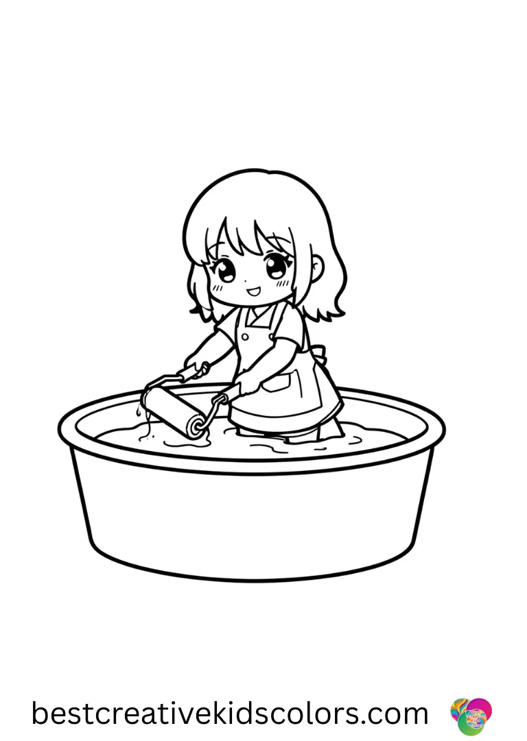 A girl rinses paint rollers in wide outdoor tubs in Free printable kawaii coloring sheets.