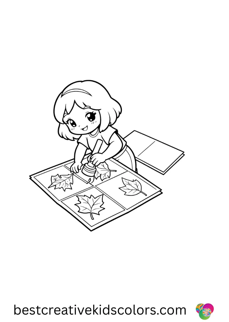 Free printable kawaii doodle coloring pages shows a girl pressing leaf prints onto blank postcard cards.