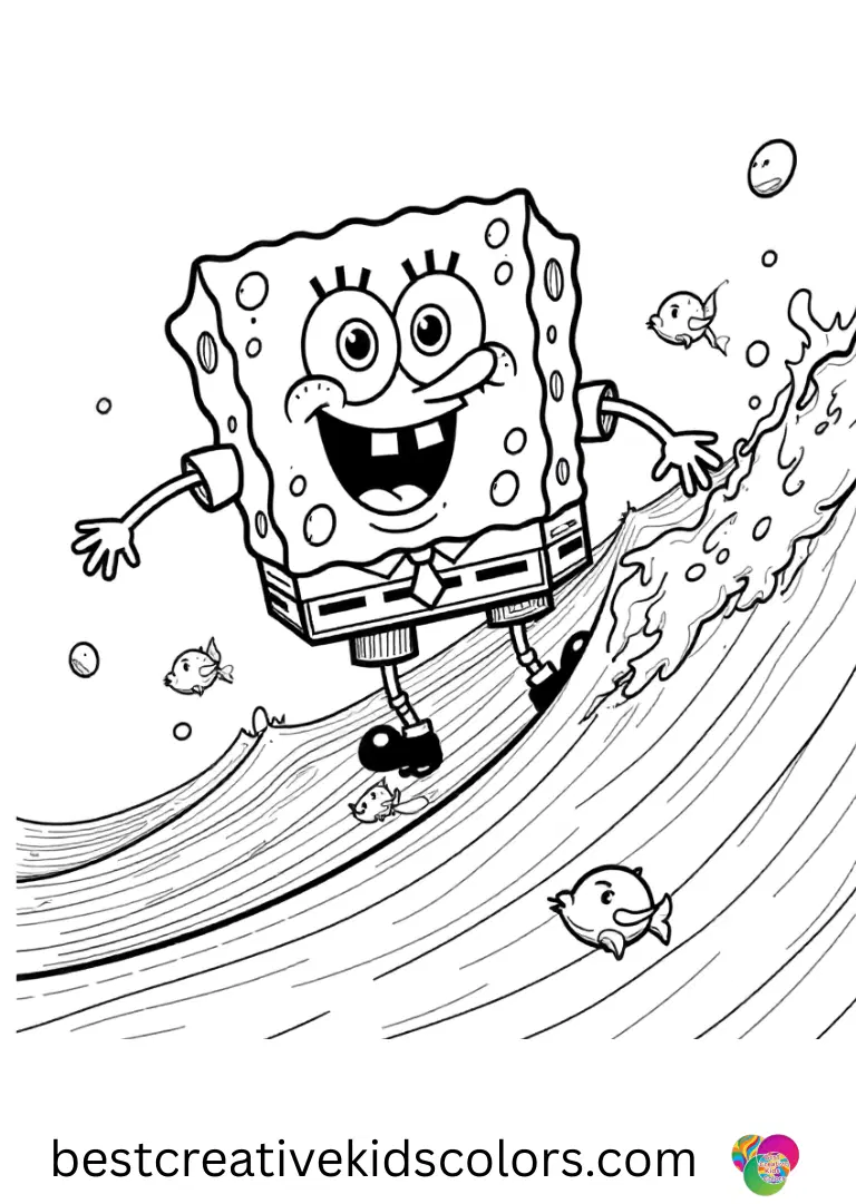 SpongeBob rides a small wave near tiny fish in Free printable spongebob characters coloring pages for.