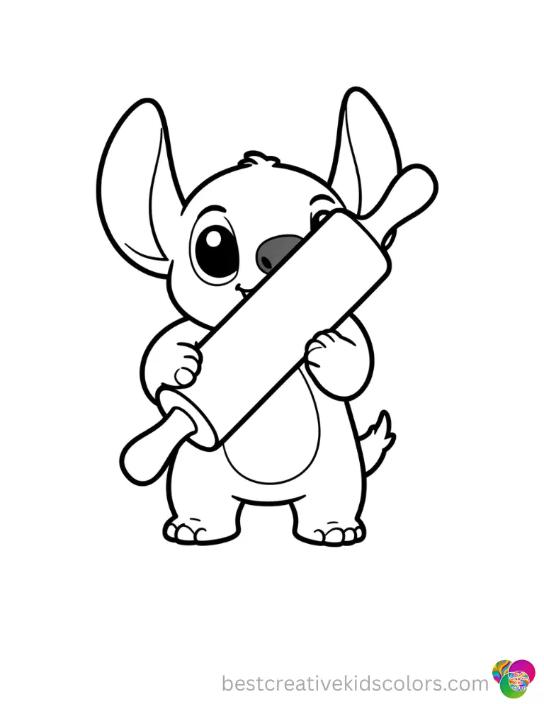 Stitch safely lifts a smooth wooden rolling pin in free printable stitch coloring pages.