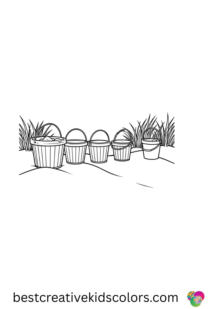 Free printable summer coloring pages shows a row of beach buckets arranged on sand dunes.