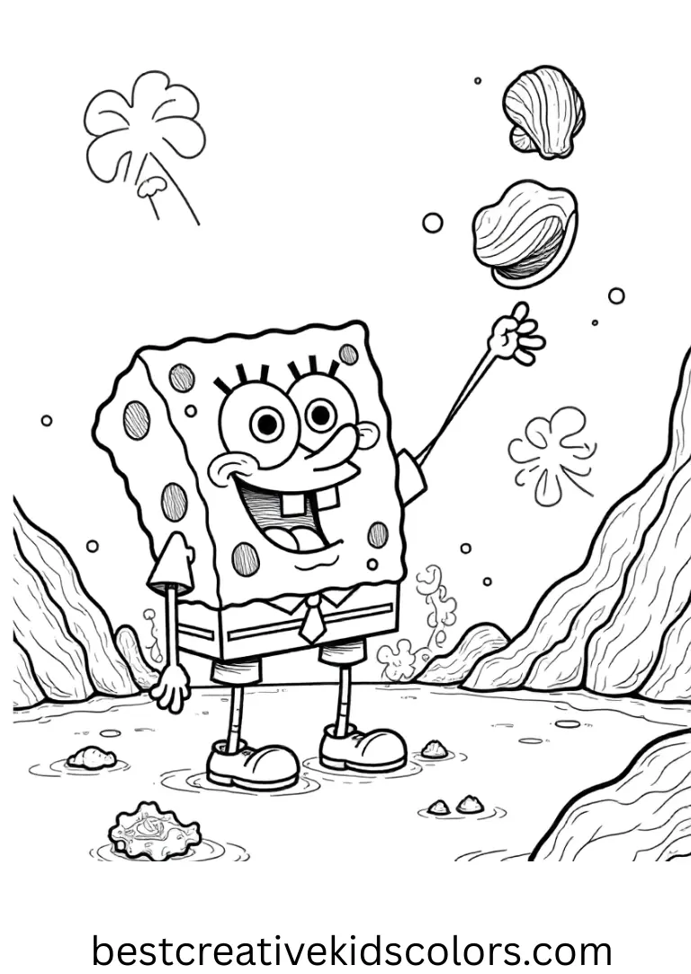 SpongeBob catches floating seashells in Free spongebob coloring sheets pdf.