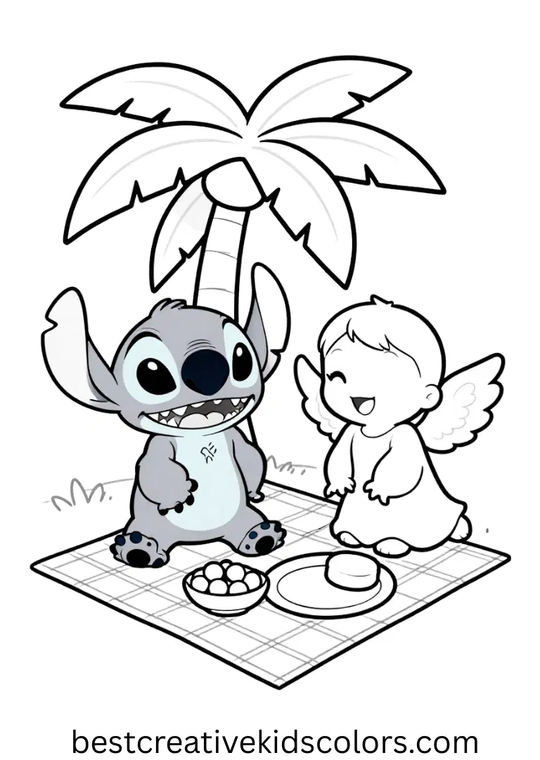 Free stitch and angel coloring pages pdf features them enjoying a tropical picnic together.
