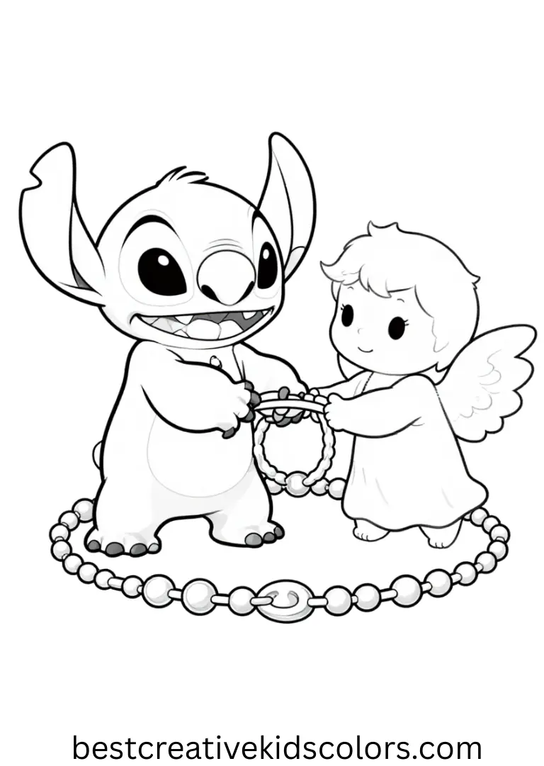 Free stitch and angel coloring pages shows them making friendship bracelets together.