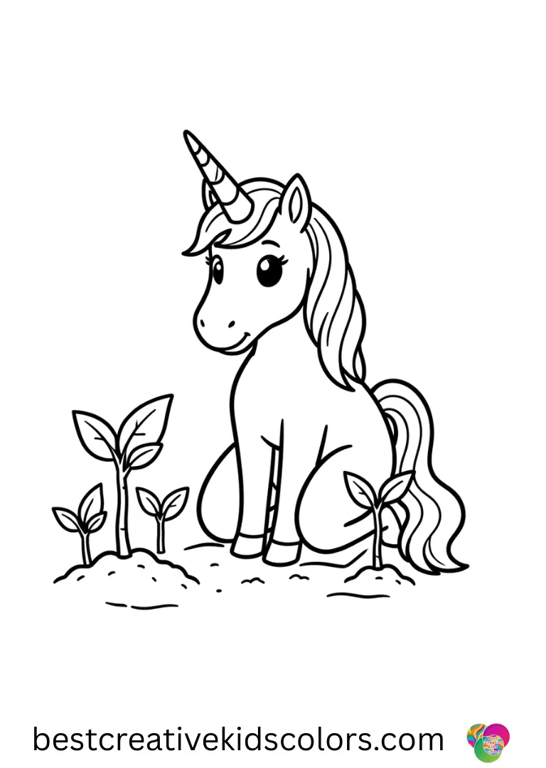 Free unicorn pictures to colour show a unicorn planting tiny magical trees in a sunny meadow.