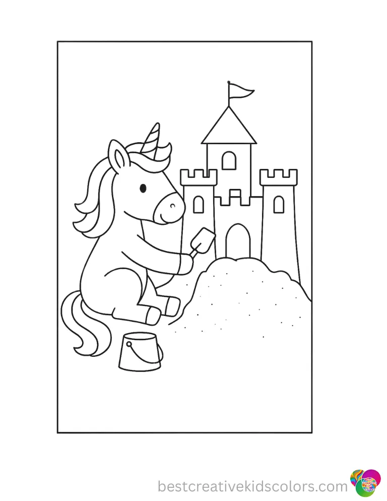 A brave unicorn builds a giant sandcastle today in Free unicorn pictures to print and colour.