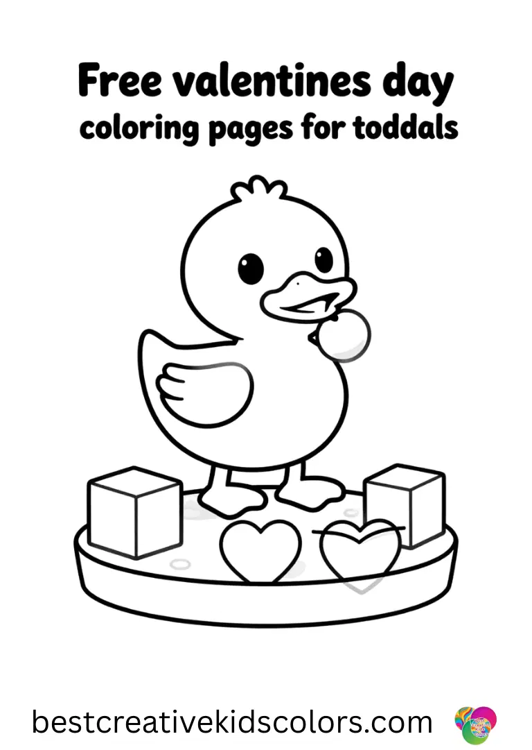 Free valentines day coloring pages for toddlers shows a duck bouncing foam heart blocks on ice.