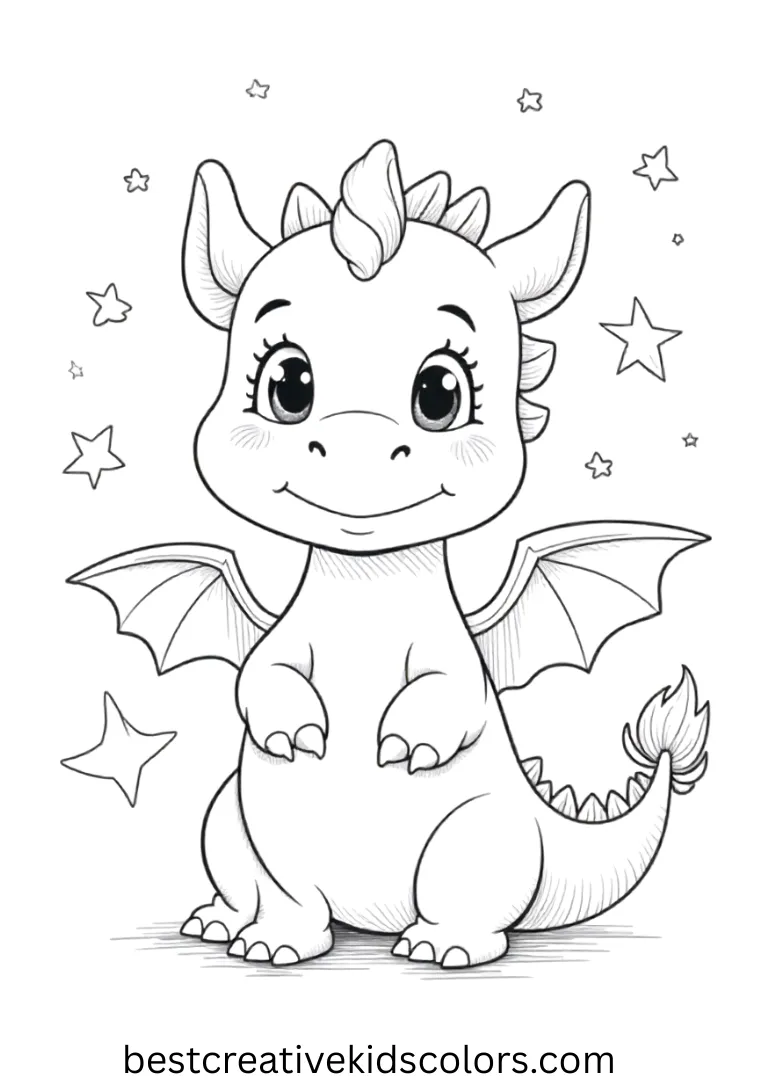 A tiny dragon surrounded by twinkling stars, gazing up with curiosity.