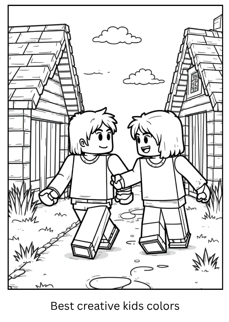 Friends Explore a Village – Minecraft Coloring Page