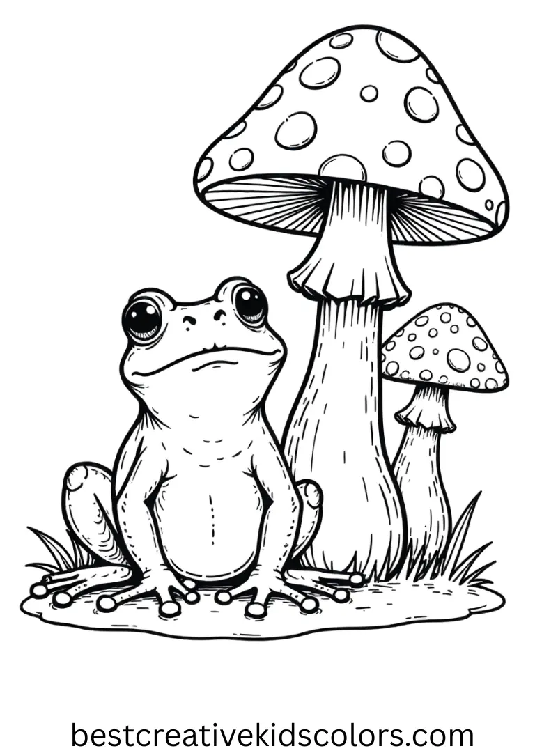 Frog and mushroom coloring page for adults includes detailed mushroom caps and stems.