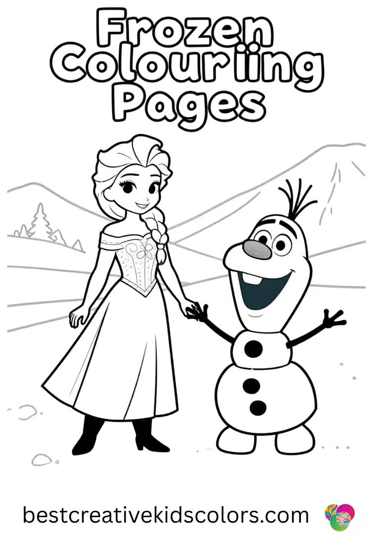 Frozen Colouring Pages Decorate snowy landscapes with Elsa, Anna, and Olaf in joyful, easy-to-color scenes.