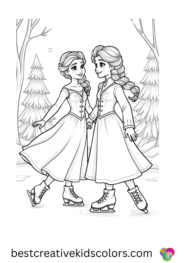 Frozen Drawing with Colour Explore artistic ice skating scenes with Elsa and Anna on simple, bold pages.
