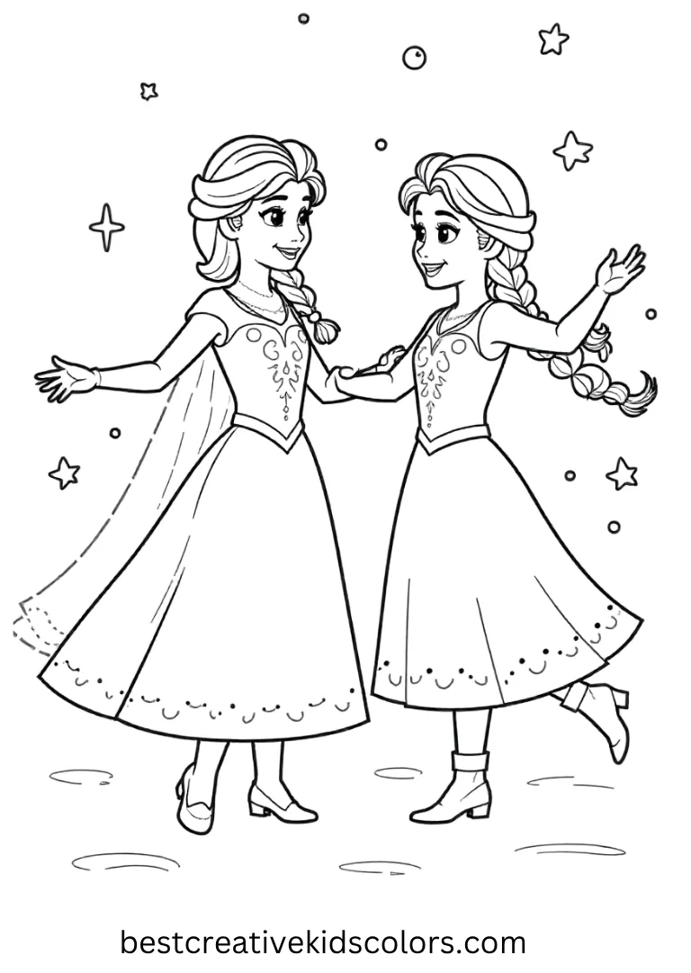 Frozen Friends Winter Dance Disney Coloring Sheet Color Elsa, Anna, and friends dancing in the snow with fun Disney Coloring Pages.