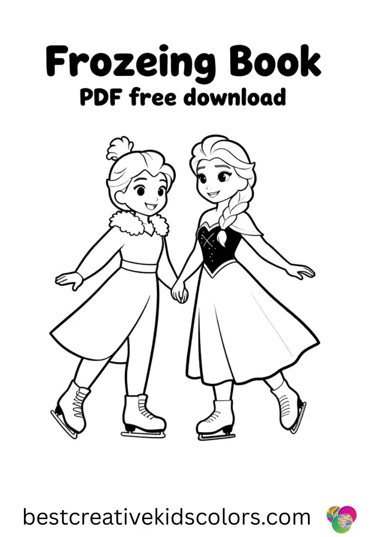Frozen coloring Book PDF free download Printable pages of Elsa and Anna enjoying joyful ice skating adventures.