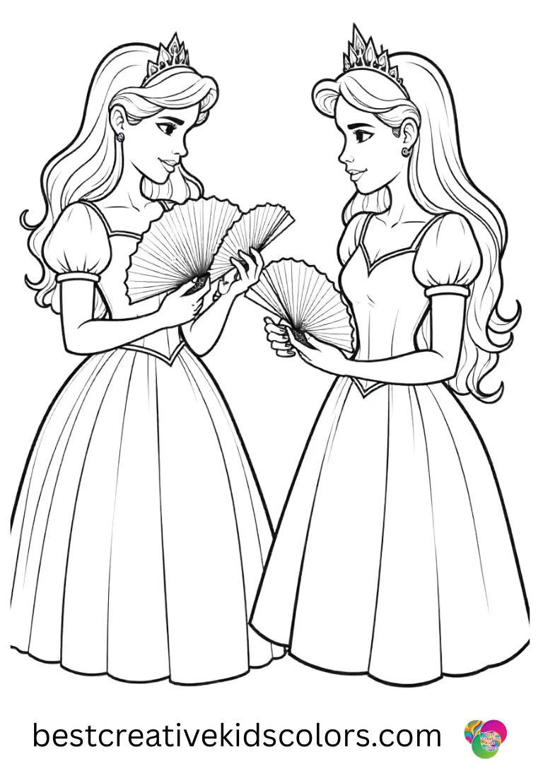 Frozen coloring pages printable PDF depicts princesses designing paper fans to decorate.