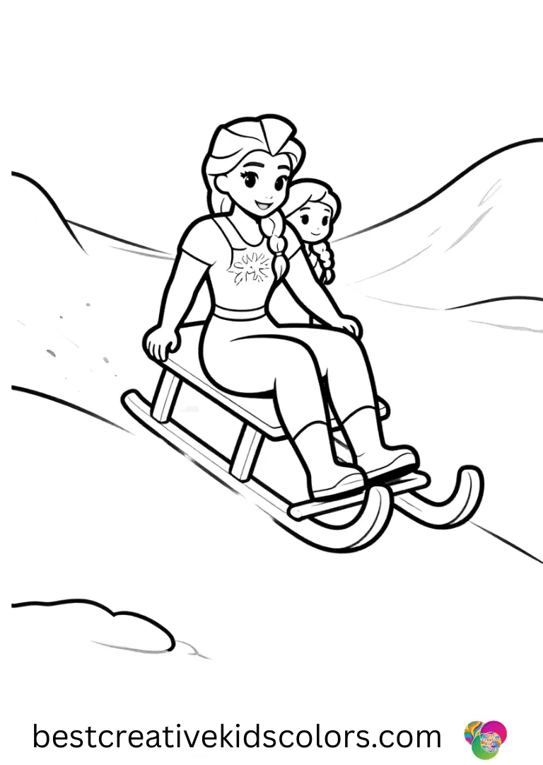 Frozen da colorare pdf Bring Elsa and Anna sledding over snowy hills on fun, uncluttered pages.