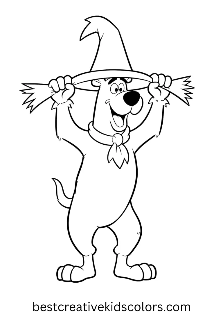 Full size Scooby Doo coloring pages shows Scooby gently straightening a crooked scarecrow hat.