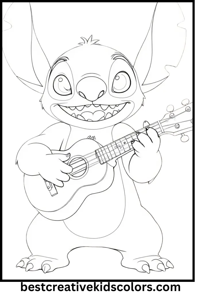 Fun Coloring Page of Stitch Playing Ukulele 