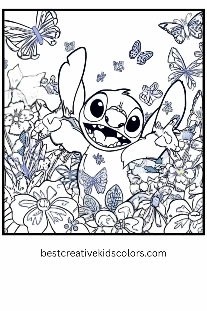 Fun Coloring Page of Stitch with Butterflies