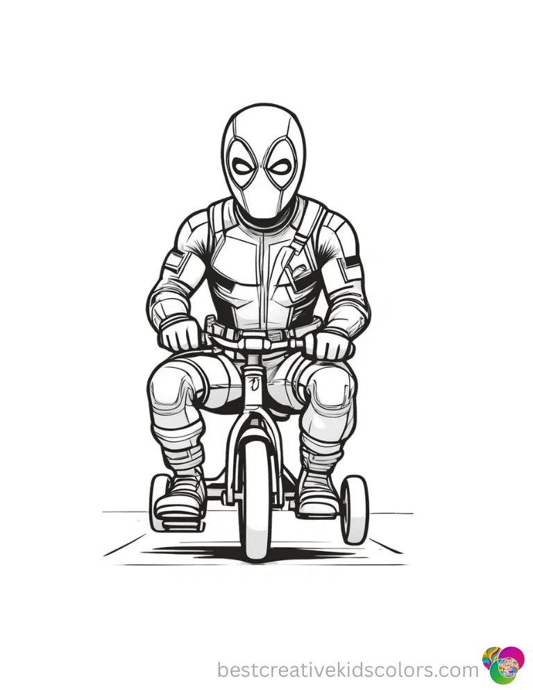 Fun Deadpool Coloring Pages to Print Deadpool rides a tiny tricycle down a smooth sidewalk.