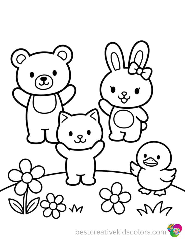 Sanrio characters wave happily while standing in a wide sunny meadow.