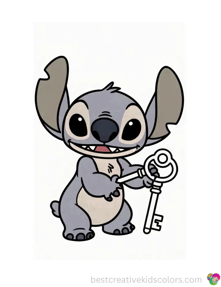 Stitch pages elegantly displays Stitch securely touching a shiny brass key today.