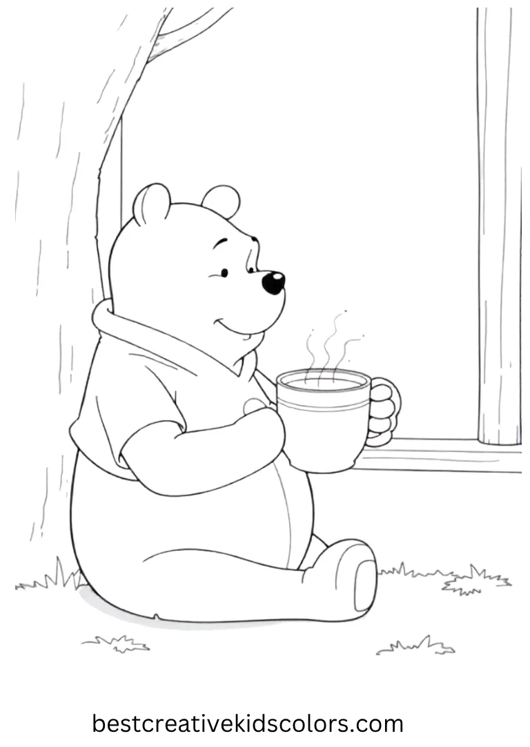 Fun Winnie the Pooh Coloring Pages – Pooh Drinking Hot Cocoa Pooh enjoys a warm cup of cocoa while sitting near a snowy window.