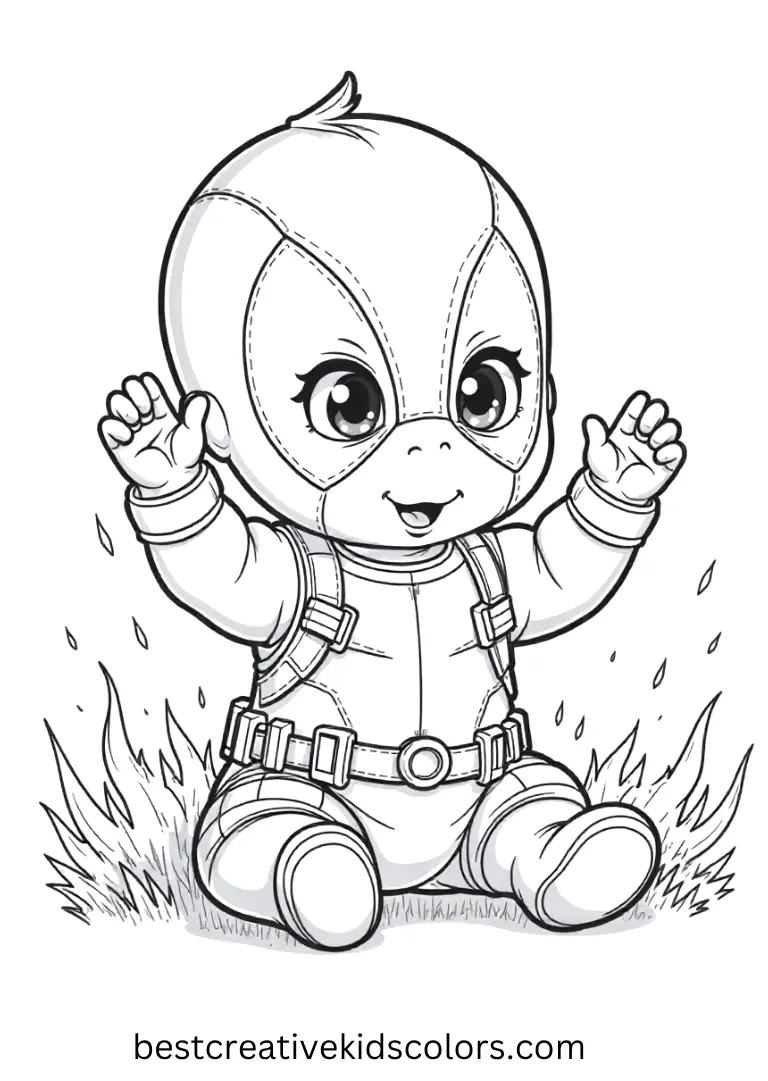 Bring to life baby Deadpool surrounded by plush Avengers, showing his playful mischief.