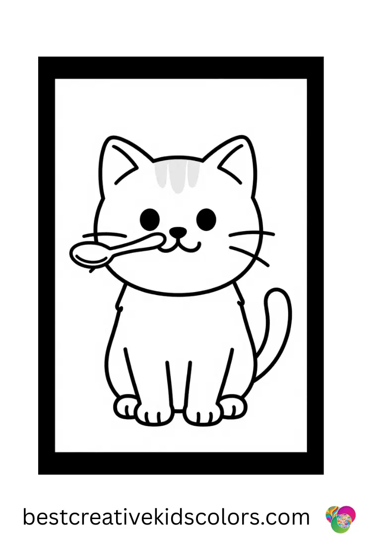 Funny Cat coloring page shows a kitten balancing tiny spoons on its nose with a silly grin.