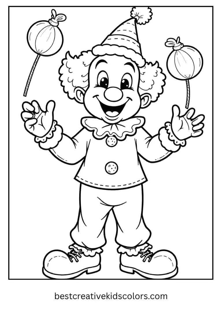 A silly clown juggles candy and laughs with joy.