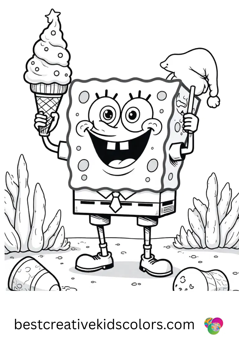Funny spongebob coloring pages easy shows SpongeBob stacking festive ice cones along the seabed.