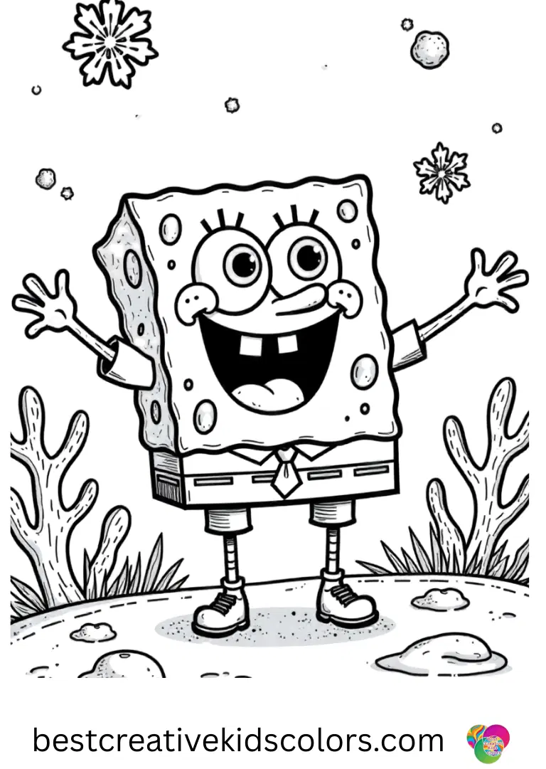 Funny spongebob coloring pages for adults captures SpongeBob dangling glittery coral snowflakes.