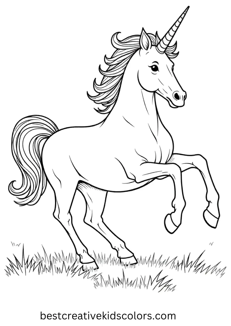 A unicorn gallops across a grassy field with flowing mane — a detailed yet easy-to-color Unicorn Coloring Page.