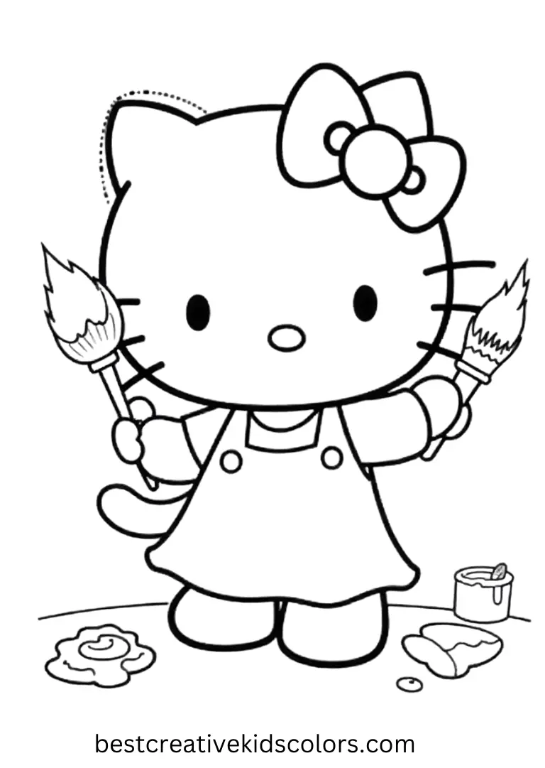 Hello Kitty waters flowers while friends plant seeds in a tidy garden space.