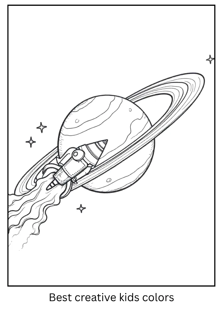 Gas Giant Coloring Page of Saturn with Rocket
