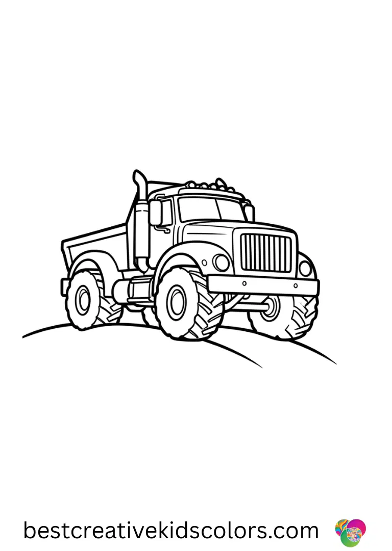 A huge truck sits on a hill. Open spaces allow kids to color easily.